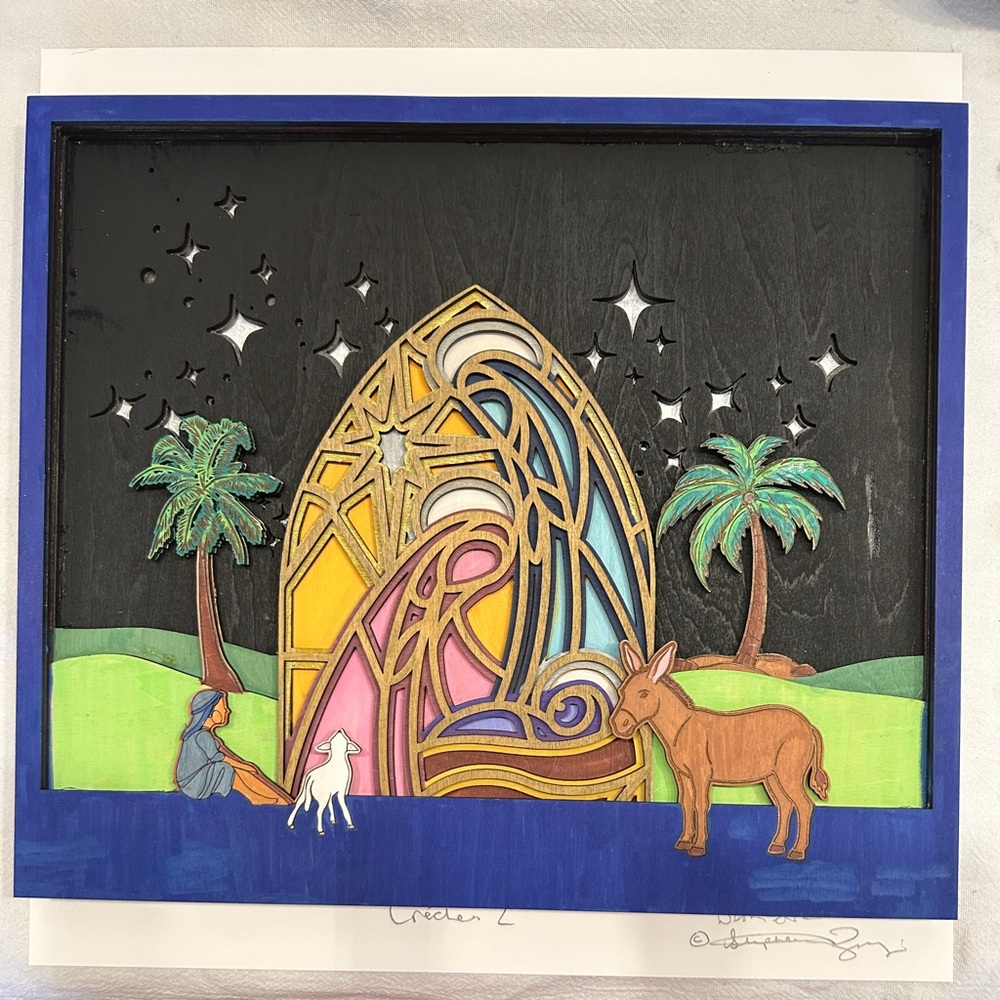 Three Dimensional Hand Painted Framed 12”x12” Crèche